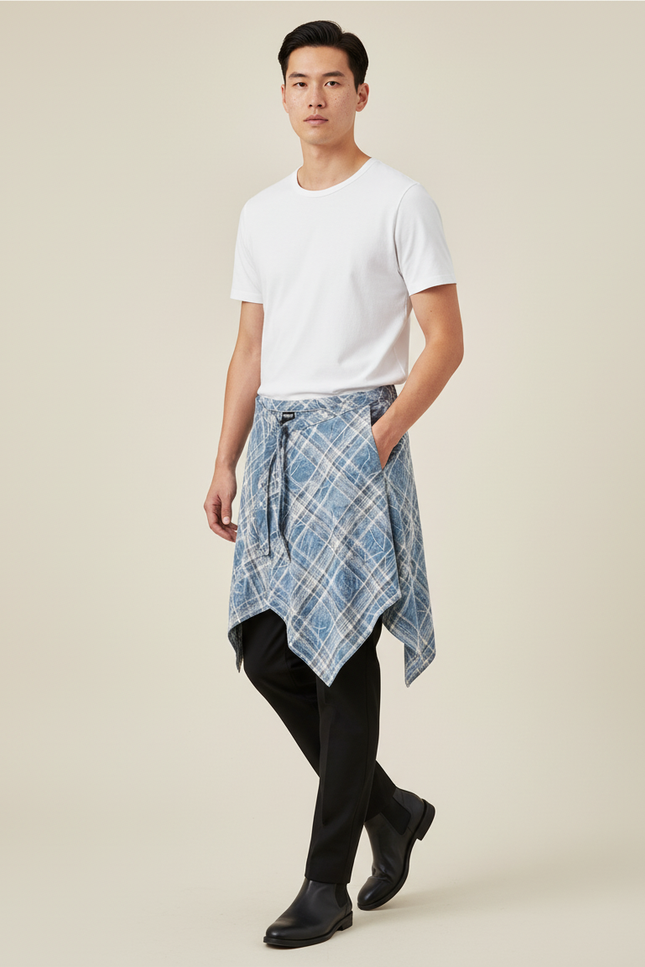 Jupe Homme Bleu Carreaux Irrégulière Décontractée