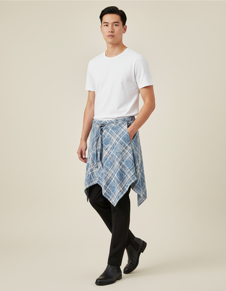 Jupe Homme Bleu Carreaux Irrégulière Décontractée