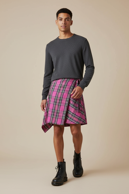 Jupe Homme Rose Écossais Asymétrique Décontractée