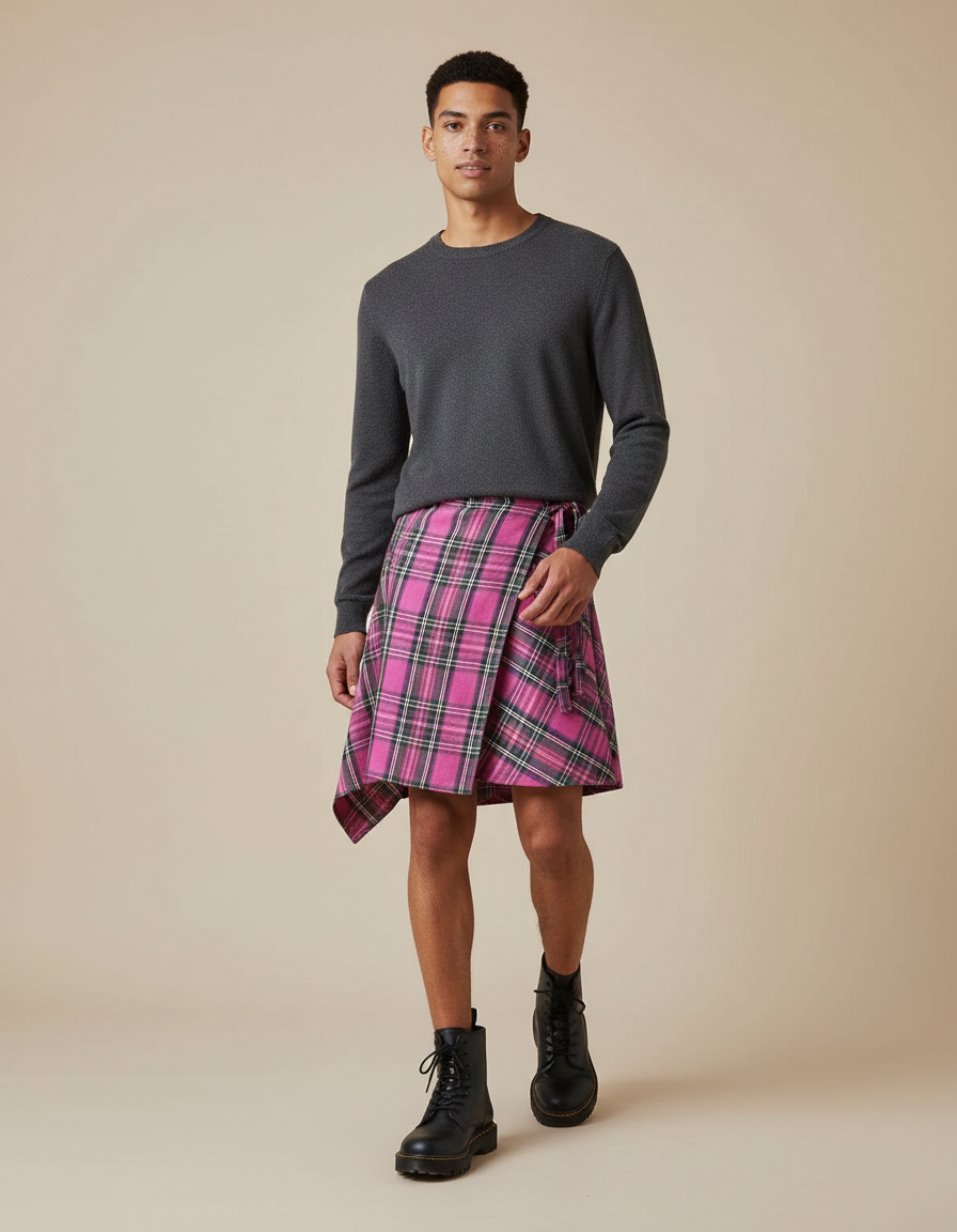 Jupe Homme Rose Écossais Asymétrique Décontractée