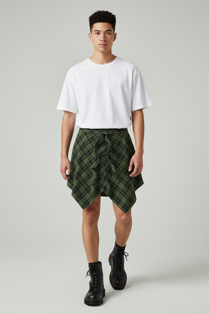 Jupe Homme Écossaise Verte Asymétrique Décontractée