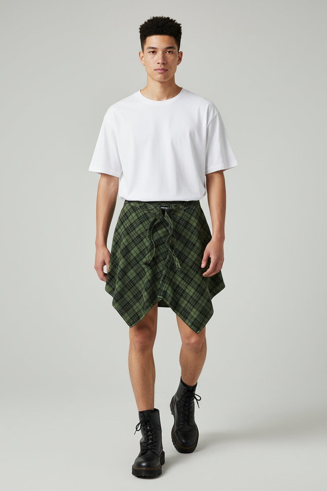 Jupe Homme Écossaise Verte Asymétrique Décontractée