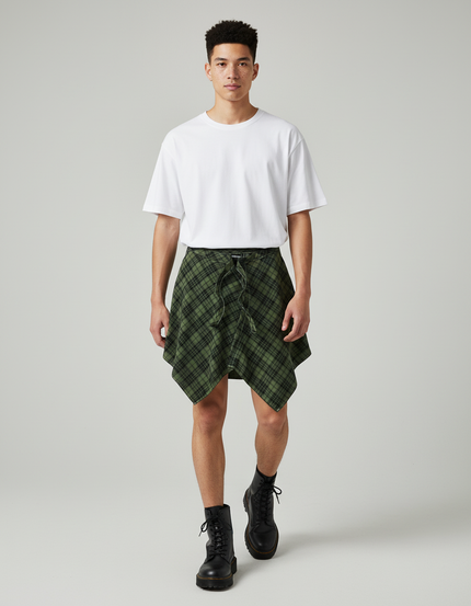 Jupe Homme Écossaise Verte Asymétrique Décontractée