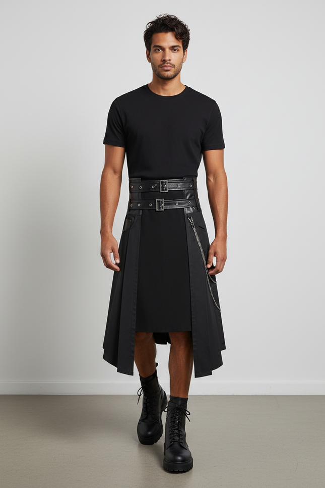 Jupe Homme Noir Asymétrique Plissée