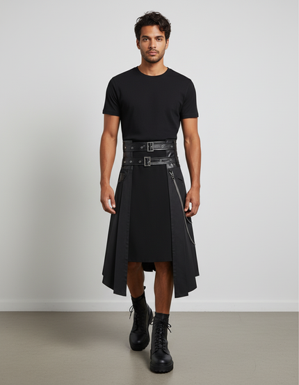 Jupe Homme Noir Asymétrique Plissée