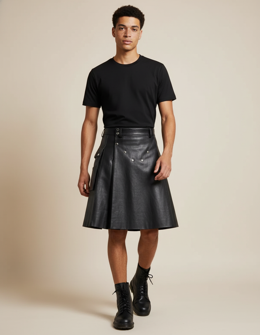 Jupe Homme Noir Cuir Plissée