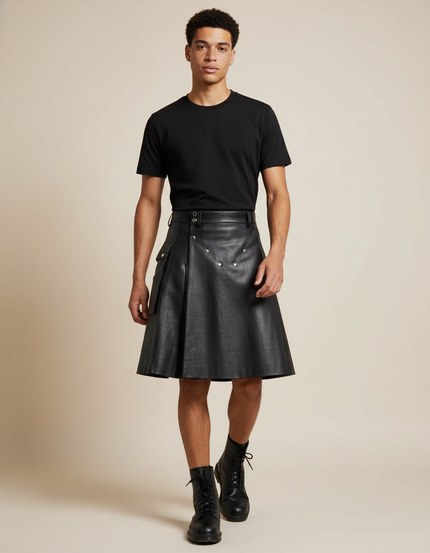 Jupe Homme Noir Cuir Plissée