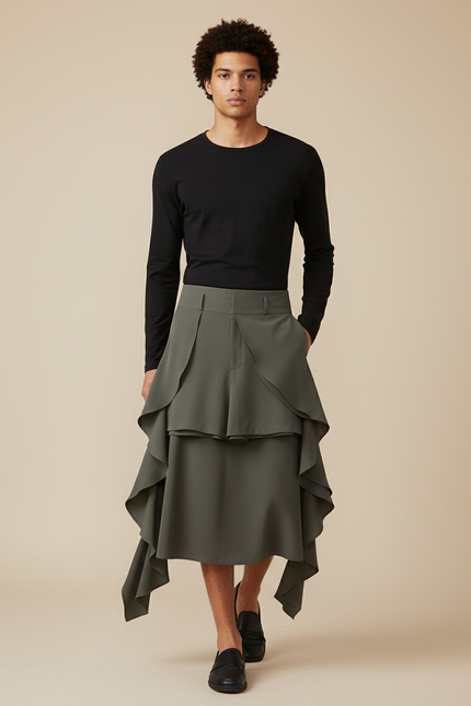 Jupe Homme Vert Olive Asymétrique Fluide