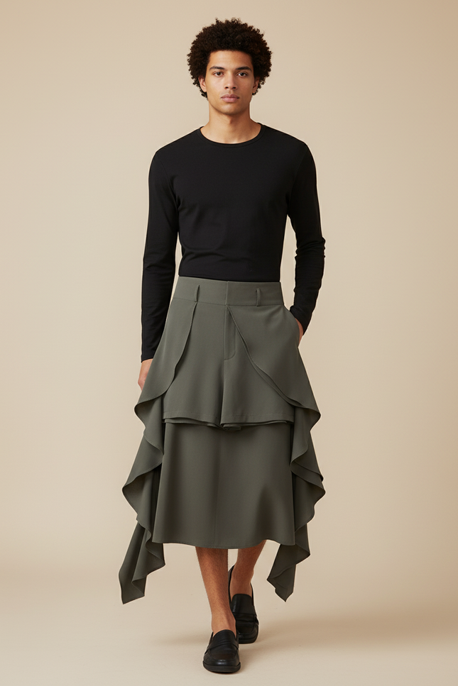 Jupe Homme Vert Olive Asymétrique Fluide