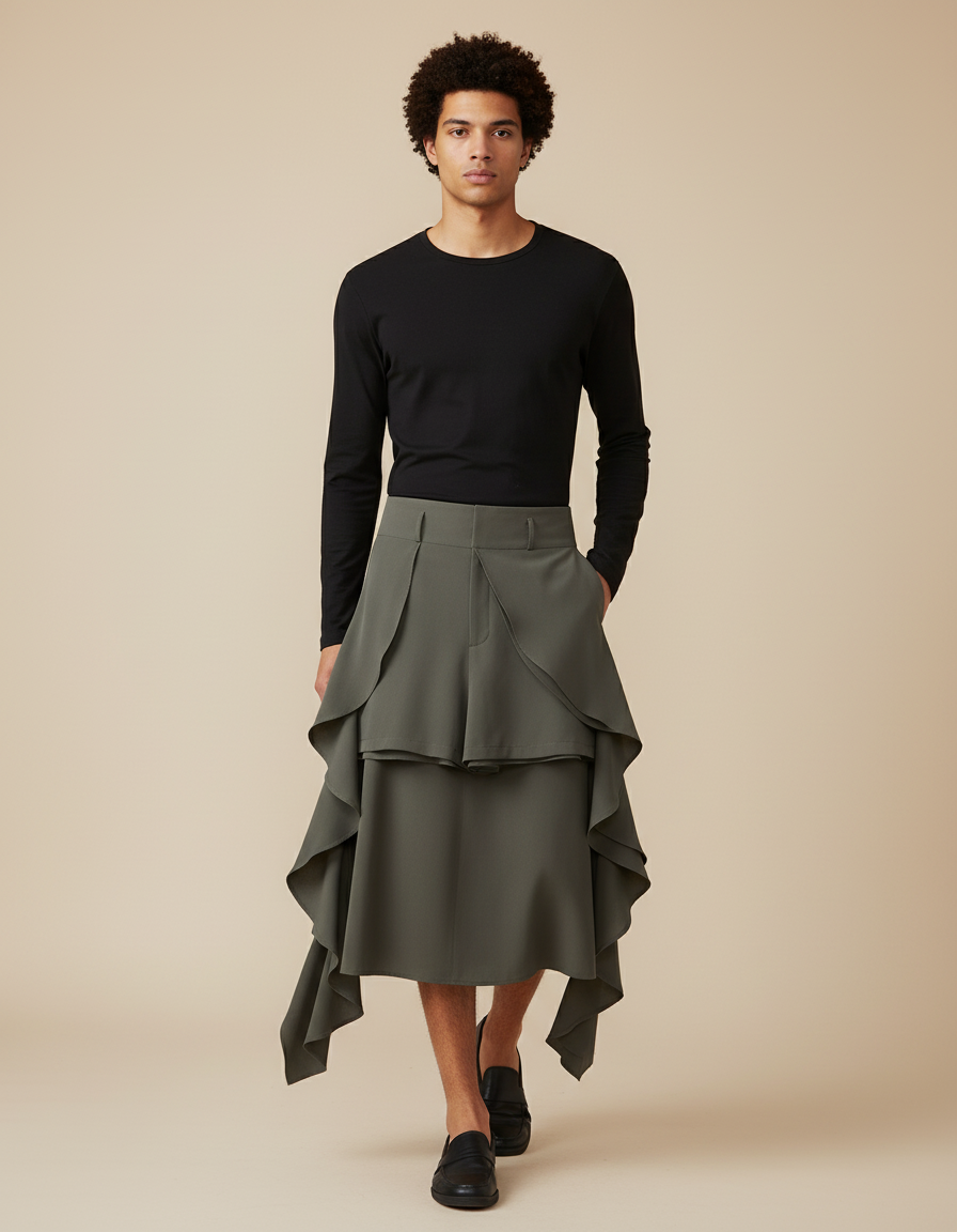 Jupe Homme Vert Olive Asymétrique Fluide