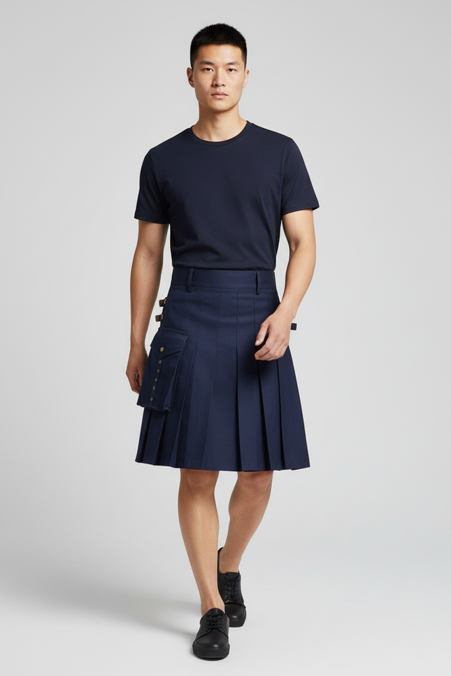 Jupe Homme Bleu Marine Plissée Décontractée