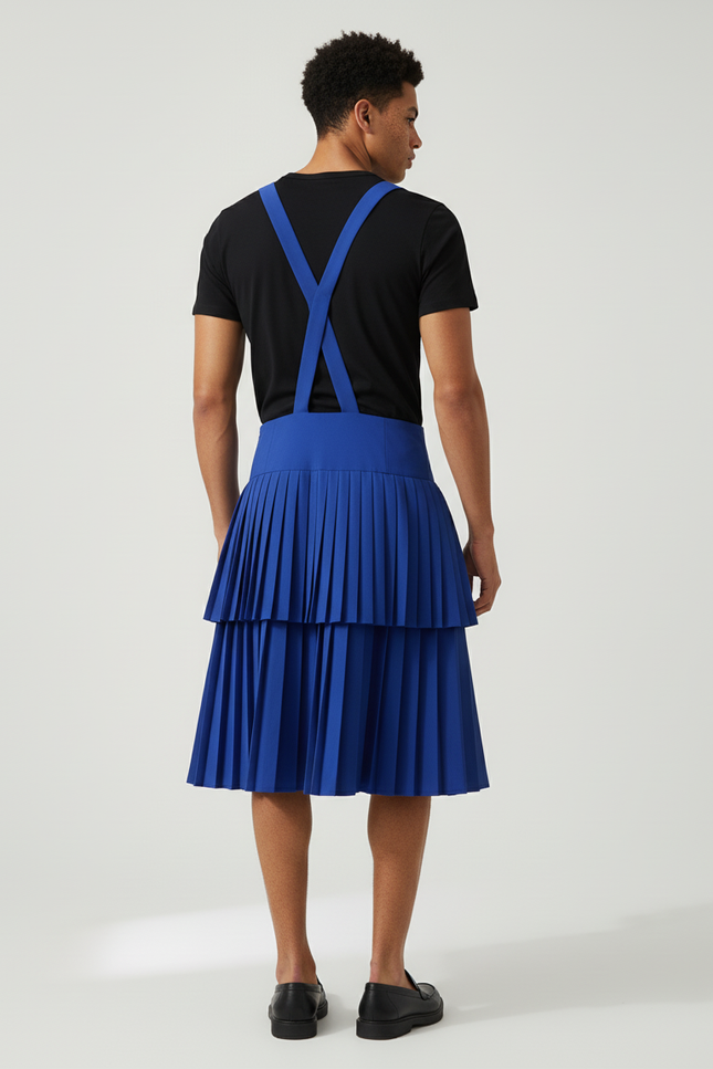 Jupe Homme Bleue Plissée Asymétrique Décontractée