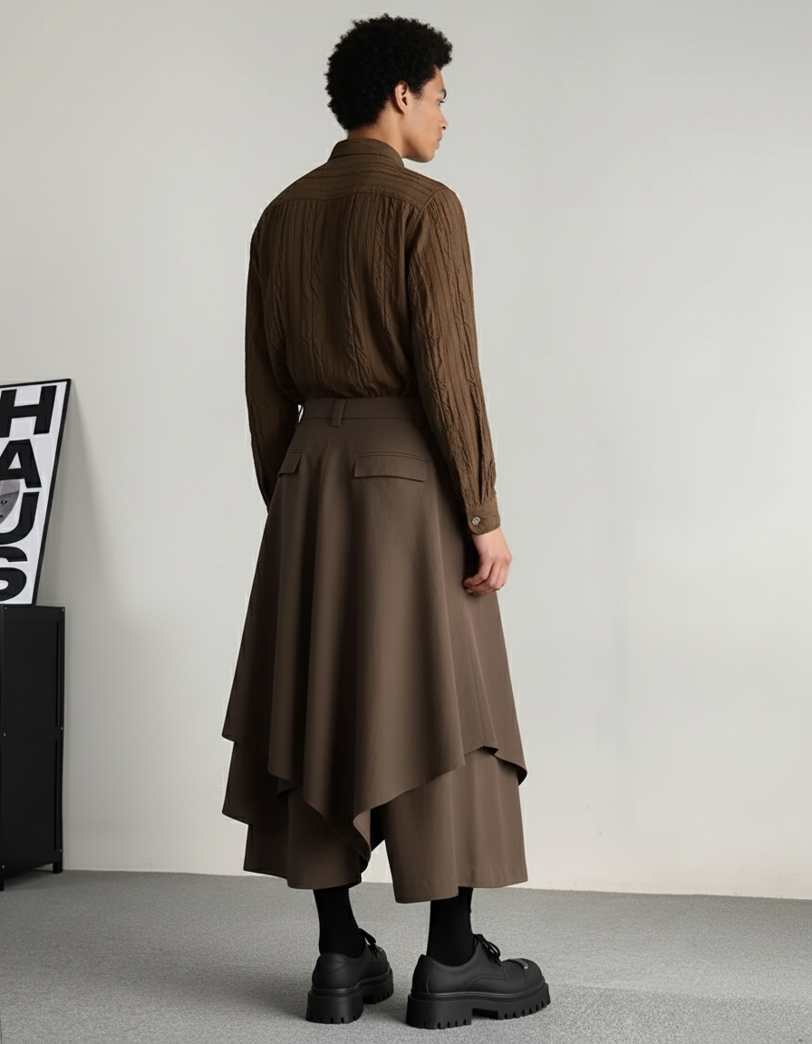 Jupe Homme Marron Asymétrique Fluide