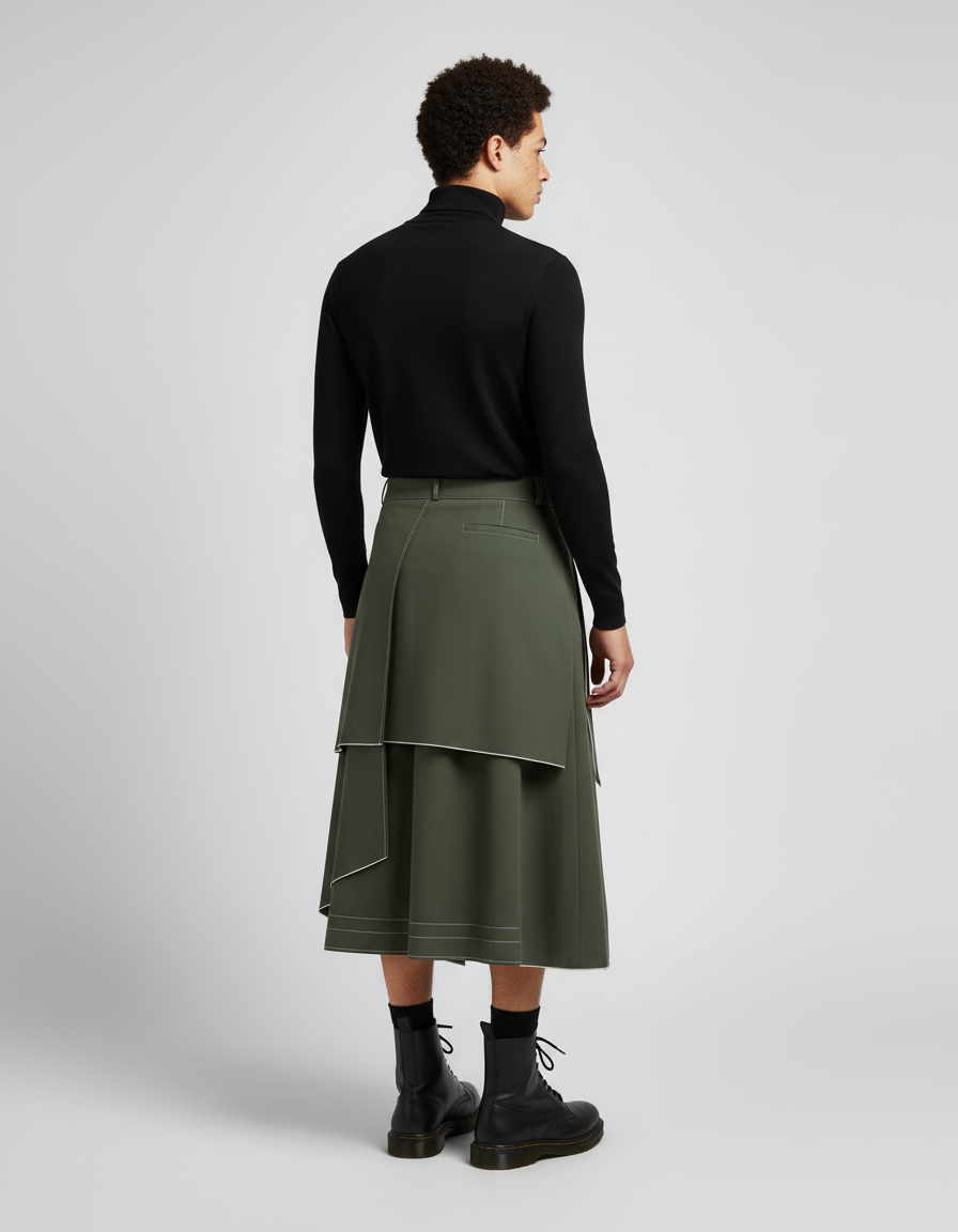 Jupe Homme Kaki Asymétrique Moderne