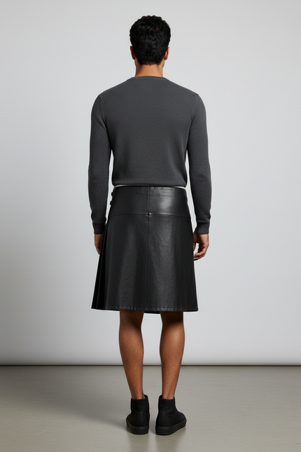 Jupe Homme Cuir Noir Bande Blanche Décontractée