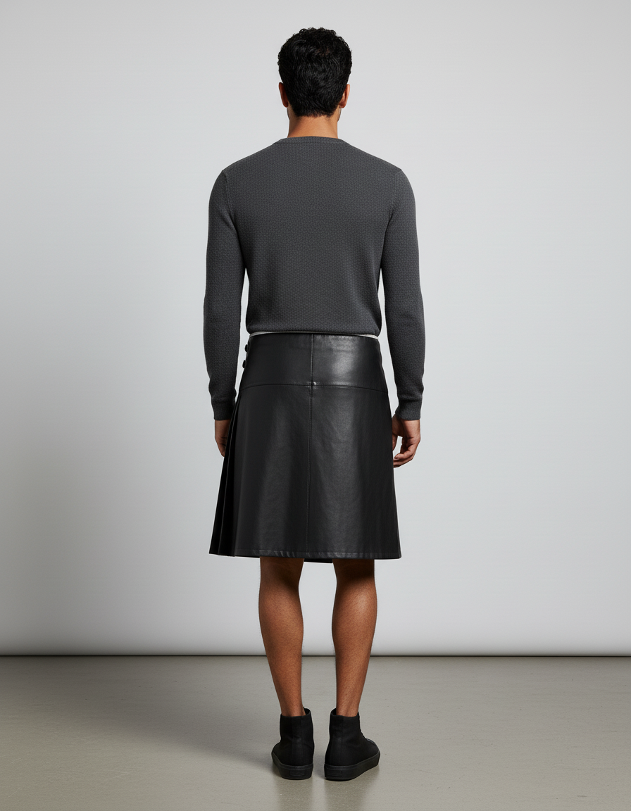 Jupe Homme Cuir Noir Bande Blanche Décontractée