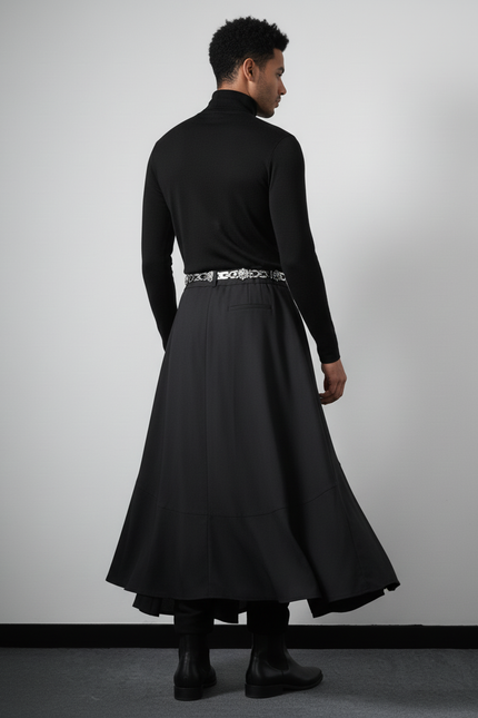 Jupe Homme Noire Asymétrique Fluide Graphique