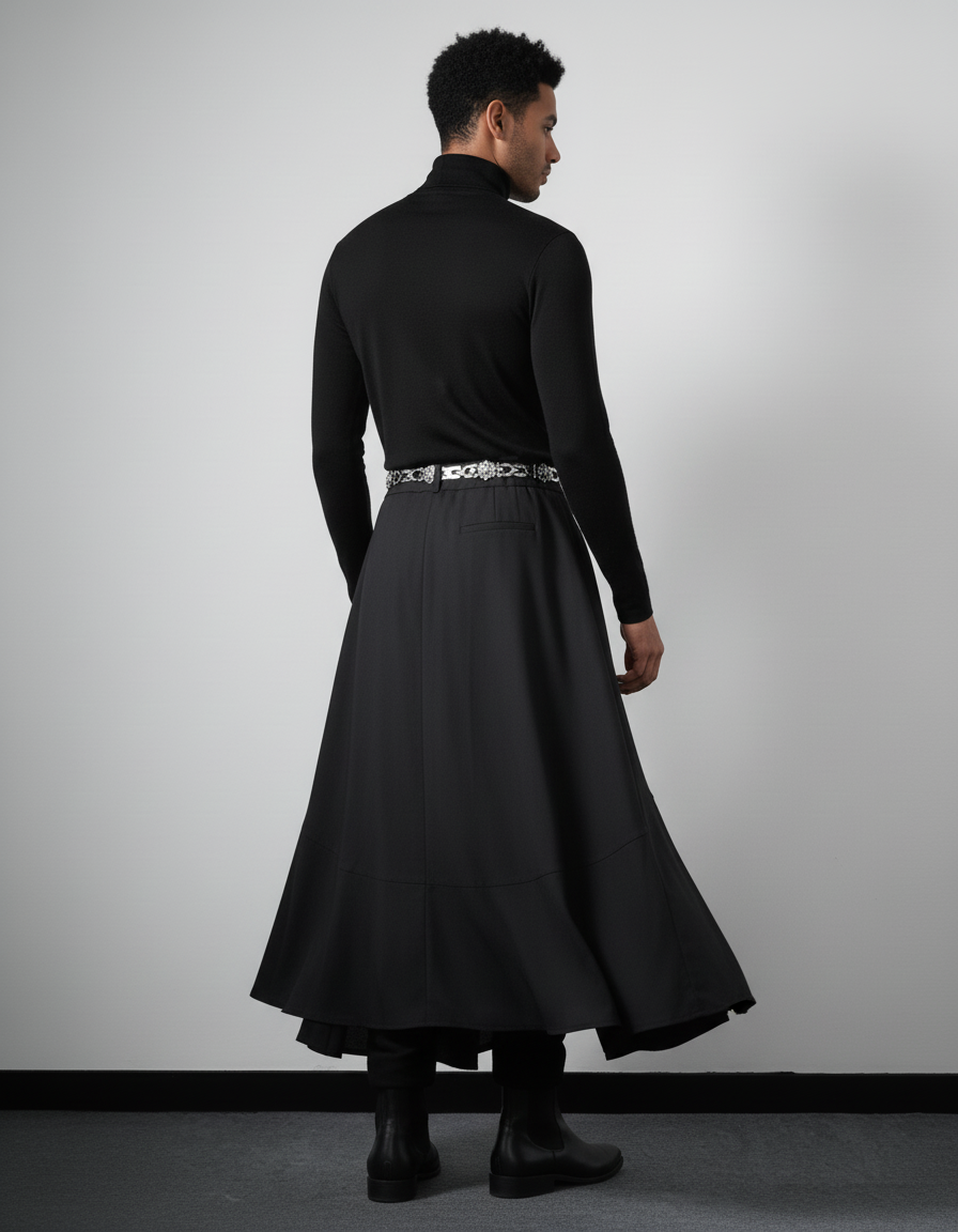 Jupe Homme Noire Asymétrique Fluide Graphique