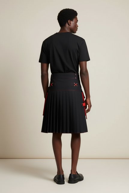 Jupe Homme Noire Et Rouge Plissée Contrastée