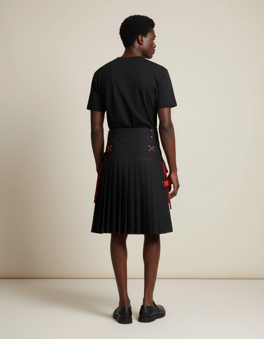 Jupe Homme Noire Et Rouge Plissée Contrastée
