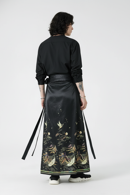 Jupe Homme Noire Motifs Chinois Fluide