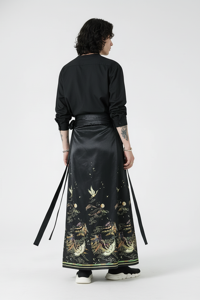 Jupe Homme Noire Motifs Chinois Fluide