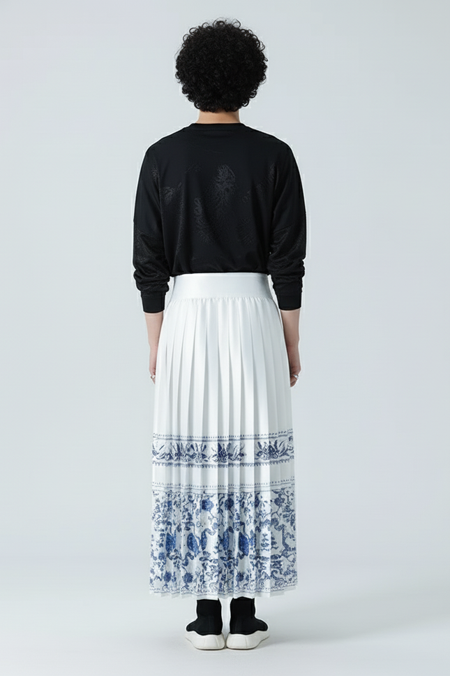 Jupe Homme Blanche Motif Chinois Plissée