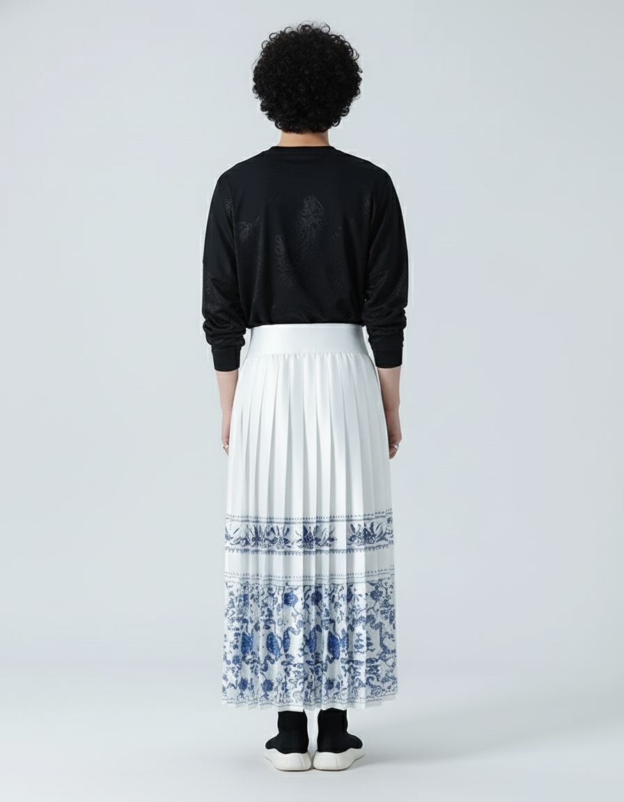 Jupe Homme Blanche Motif Chinois Plissée