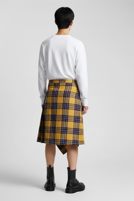 Jupe Homme Carreaux Jaunes Asymétrique Décontractée