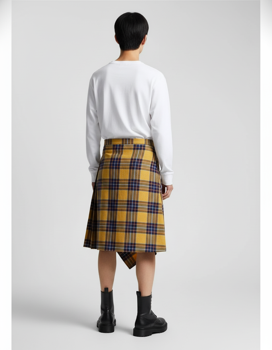 Jupe Homme Carreaux Jaunes Asymétrique Décontractée