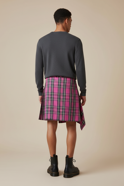 Jupe Homme Rose Écossais Asymétrique Décontractée