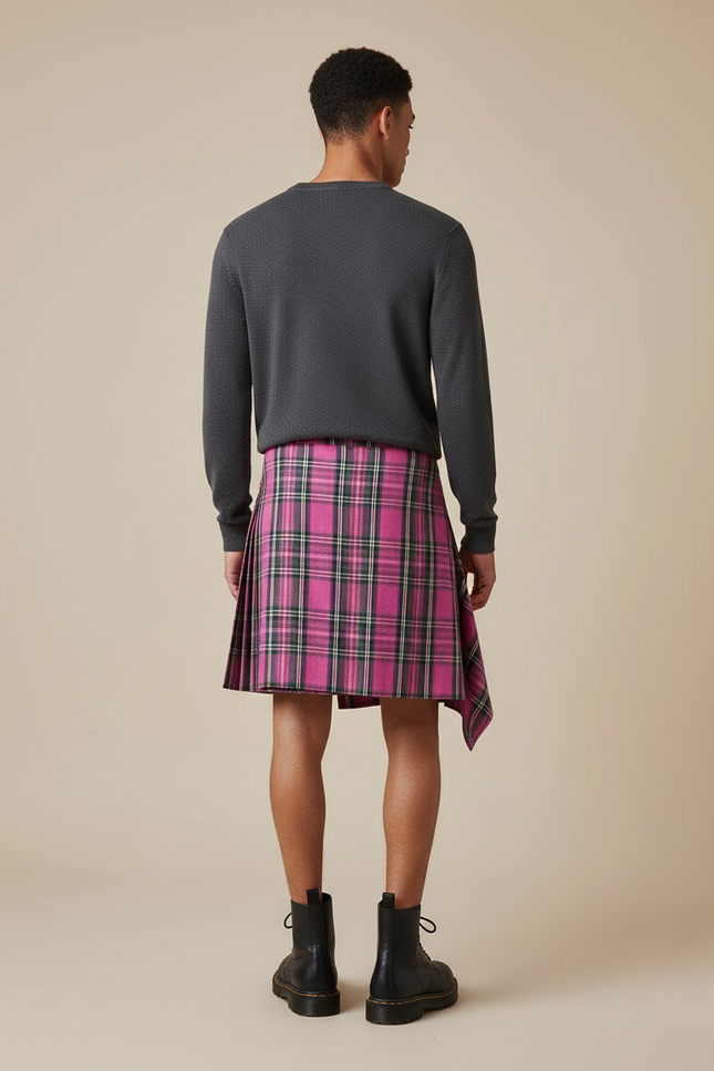 Jupe Homme Rose Écossais Asymétrique Décontractée