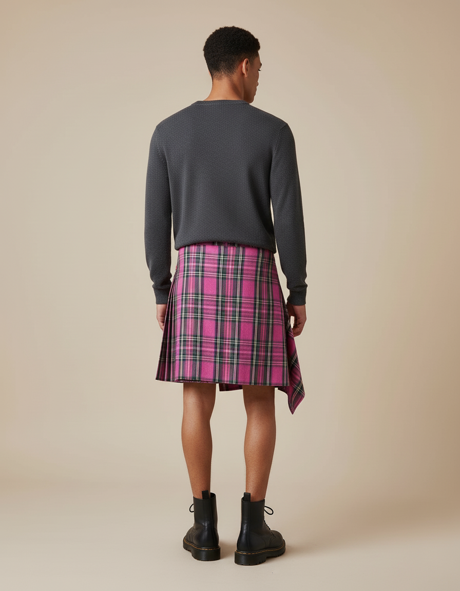 Jupe Homme Rose Écossais Asymétrique Décontractée