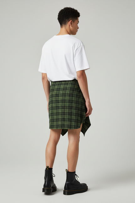 Jupe Homme Écossaise Verte Asymétrique Décontractée