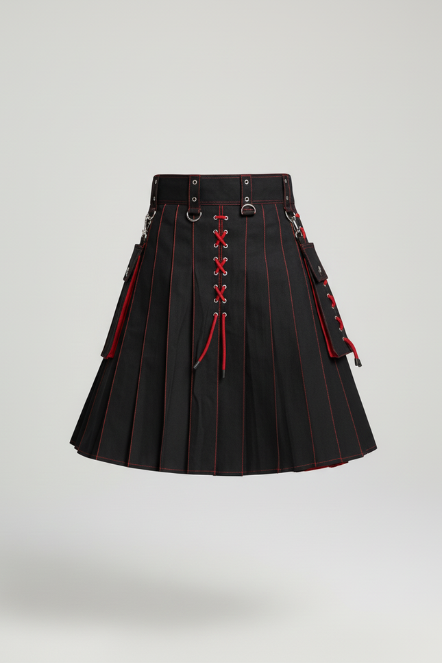 Jupe Homme Noire À Lacets Rouges Plissée